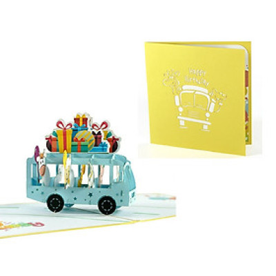 Thiệp 3D Pop Up Xe Buýt Chở Quà Sinh Nhật – Thiệp Chúc Mừng Sinh Nhật Ngộ Nghĩnh, Dễ Thương, B20
