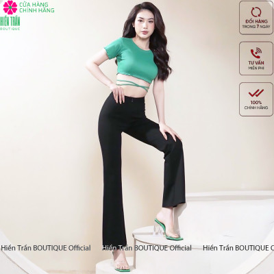 Quần ống loe Hiền Trần BOUTIQUE lưng cạp cao 1 cúc suông rộng nữ dài culottes màu đen