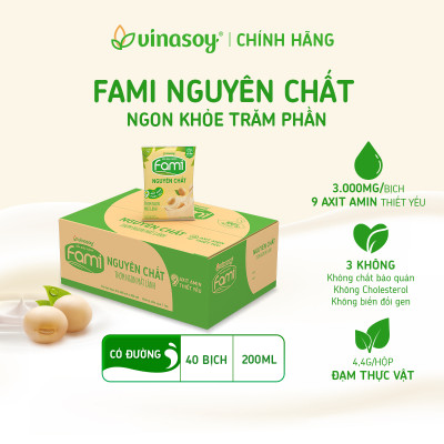 Thùng Sữa đậu nành Vinasoy Fami nguyên chất (200ml x 40 Bịch)