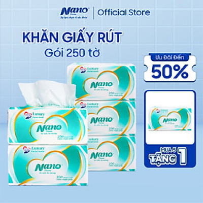 MUA 5 TẶNG 1 Combo 5 gói khăn giấy rút lụa Nano 250 tờ 2 lớp, giấy ăn cao cấp, không chất tẩy trắng, an toàn cho người dùng