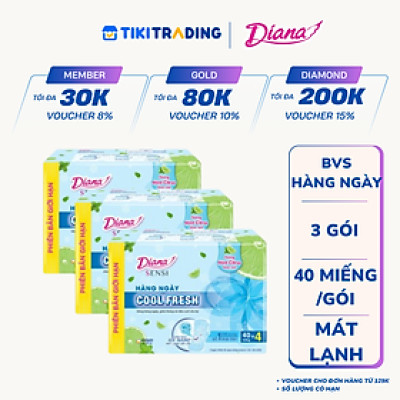 Bộ 3 Gói Băng Vệ Sinh Diana Hàng Ngày Cool Fresh (40 miếng/Gói)