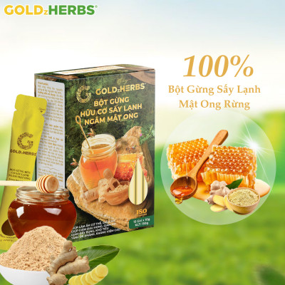 Hàng chính hãng - Bột gừng hữu cơ sấy lạnh ngâm mật ong GoldzHerbs, 100% mật ong nguyên chất – Hũ 300g/ Hộp 15 gói