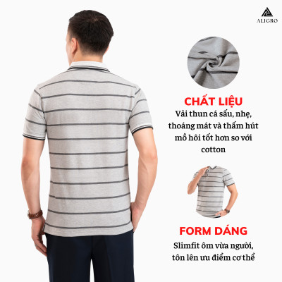 Áo Polo nam ngắn tay kẻ ngang màu ghi ALGPLO84