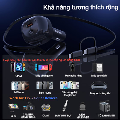 Tẩu sạc nhanh trên ô tô 75W Choetech TC0036 tích hợp cáp sạc rút Type C kèm đầu nối IP - Hàng chính hãng
