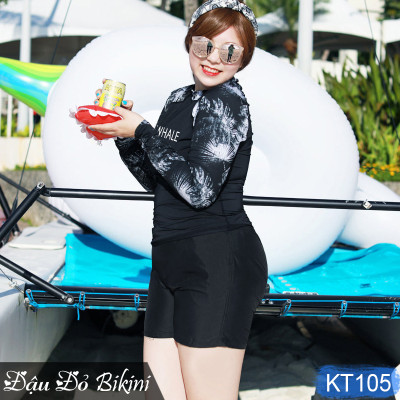 Áo tắm đồ bơi nữ BIG SIZE, mẫu áo tay dài chống nắng & quần short đùi kín đáo, che bắp tay dấu bụng tốt, bộ bơi 3 chi tiết cho người mập béo, size to đến 98kg | KT105