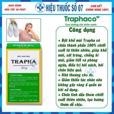 Bột khử mùi Trapha Traphaco hỗ trợ khử mùi, làm thơm, ngăn ngừa mùi hôi nách, hôi chân khi đi giày (30g)