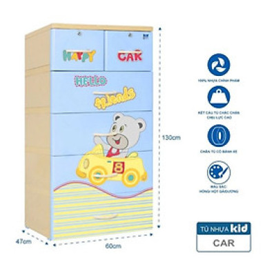 Tủ nhựa 5 tầng Qui Phúc KID màu xanh dương mẫu Car KT 600 x 470 x 1300 mm _ Juno Sofa hàng lắp sẵn