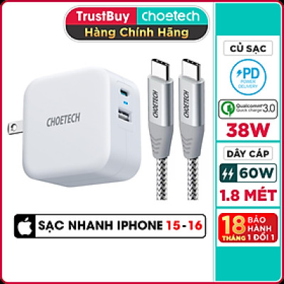 Bộ Củ Sạc Nhanh CHOETECH 38W PD5002 Và Cáp Type C to C 60W Dài 1.8M CC0005-SR Cho iPhone 15, iP16, Cho Samsung- Hàng Chính Hãng