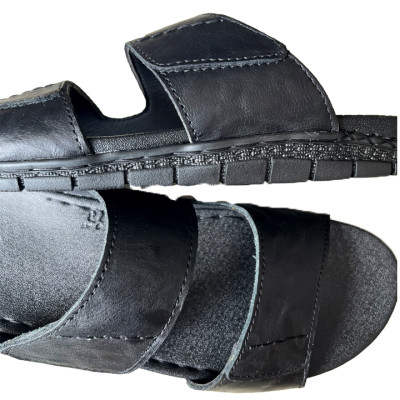 Dép  da Nam quai ngang đế cao 3.5cm Trường Hải may viền da bò thật Màu đen QN155 