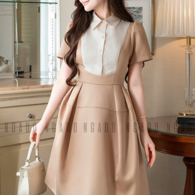 Đầm nâu cổ phối trắng NGADO , đầm dạo phố , đầm công sở