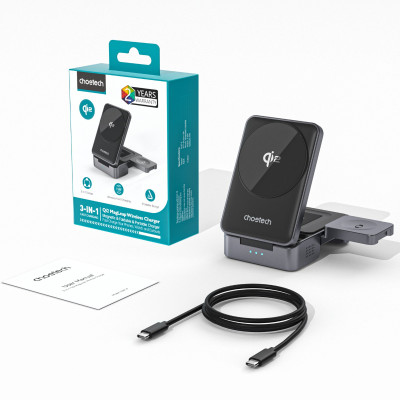 Đế sạc nhanh không dây 3 in 1 công suất 15W Choetech T637 chuẩn Qi2 - Hàng chính hãng