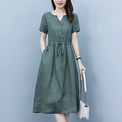 Đầm linen Nữ thiết kế cổ V Trẻ trung Kèm Dây Rút eo