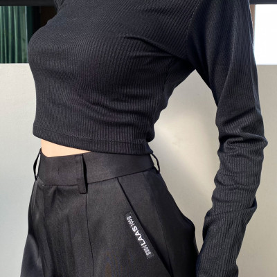 LAAS Quần ống đứng tag túi đen thanh lịch sang trọng