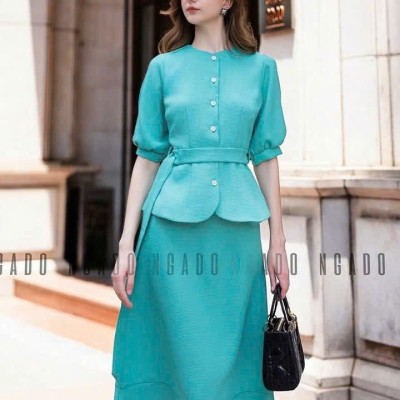 Set áo váy xanh ngọc tay lửng NGADO , set áo váy dài , set công sở, dự tiệc