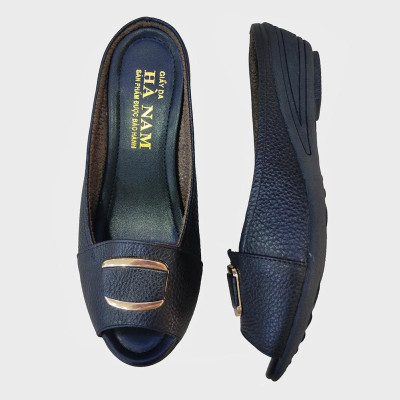 Dép Quai Ngang Nữ Đế Xuồng HÀ NAM Da Bò Thật Cao Cấp 4cm DNU2096