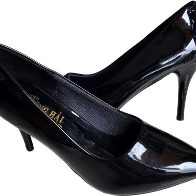 Giày cao gót 7cm Trường Hải gót nhọn da bóng đen thời trang nữ cao cấp êm ái CG088
