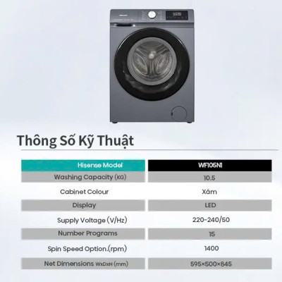 Máy giặt Hisense Inverter Pro 10.5 kg WF105N1 Giặt hơi nước diệt khuẩn, bảo hành 3 năm - HÀNG CHÍNH HÃNG