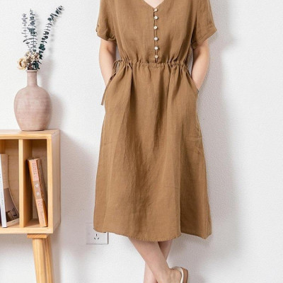 Đầm nữ cổ V phong cách Hàn Quốc thanh lịch, chất linen mát, dầm có túi siêu xinh NH173 nâu