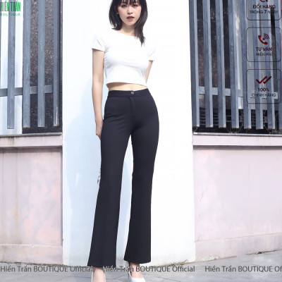 Quần ống rộng Hiền Trần BOUTIQUE lưng cạp cao 1 cúc baggy vải nữ dài suông loe culottes màu đen