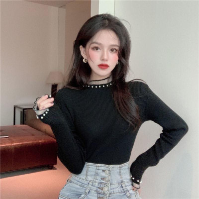 Áo len cổ lọ ren đính ngọc thời trang gợi cảm cho nữ