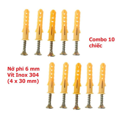 Set 10 Nở Nhựa màu Vàng 6 - 8mm Kèm Vít Inox 304 - Hàng Tốt, Vít Inox Nở Đóng Tường Chắc Chắn, Chống Gỉ, Tiện Dụng Trong Gia Đình- TakyHome 5080