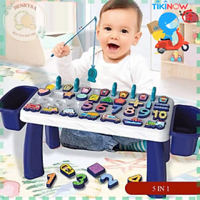 Bàn học chữ số thông minh 5 trong1 có câu cá nam châm 40 chi tiết: câu cá và ghép số, nhân vật, phương tiện giao thông, hình khối học đếm - HENRYSA