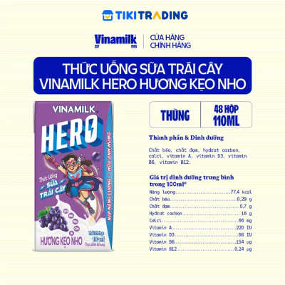 Thùng 48 hộp thức uống sữa trái cây vị kẹo nho Vinamilk Hero 110ml