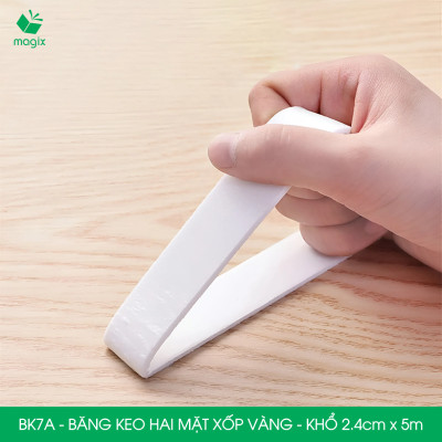 BK7A - 5 cuộn băng keo xốp 2 mặt siêu dính - Khổ 2.4cm x 5m - Băng dính xốp vàng, băng keo hai mặt