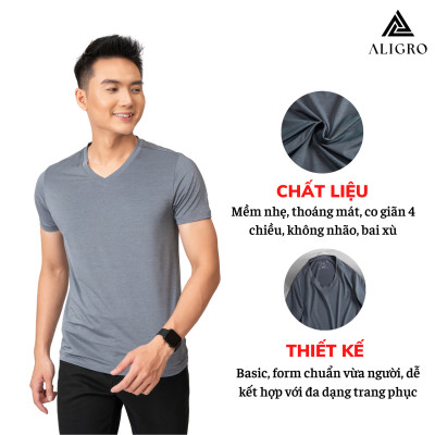 Áo thun nam ALIGRO chất liệu thun lạnh cổ tim kiểu dáng thể thao thấm hút tốt co giãn thoải mái 