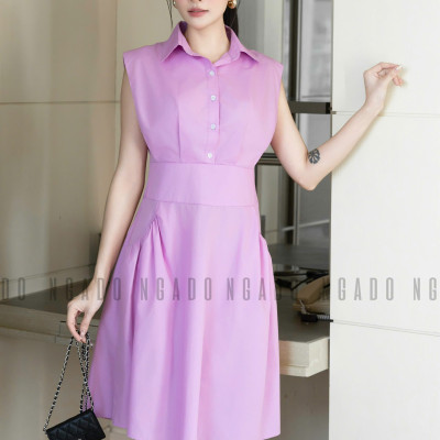 Đầm tím cổ sơ mi NGADO , đầm sơ mi Nữ , đầm công sở