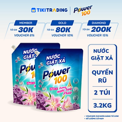 Combo 2 Túi Nước Giặt Xả POWER100 Hương Nước Hoa Pháp 3.2KGx2