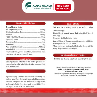 Bổ máu HEMATOL Hanopharco, sắt, axit folic cho bà bầu, người thiếu sắt, hộp 20 gói x 10ml