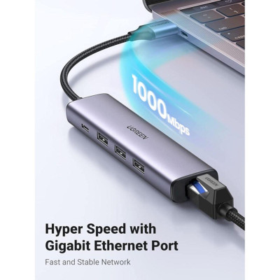 Ugreen UG60554CM475TK 3*USB 3.0 + RJ45 Gigiatbit 20CM Màu Xám Bộ chuyển USB 3.0 5 in 1 sang 3 cổng USB + RJ45 Giagabit + sạc 5v USB-C - HÀNG CHÍNH HÃNG