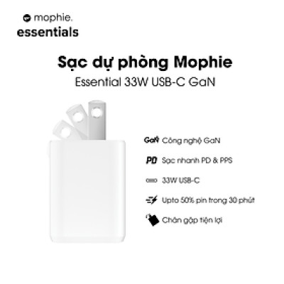 Sạc mophie Essential 33W USB-C GaN dành cho iPhone/SamSung/Android/Tablet, 1 đổi 1 - Hàng chính hãng