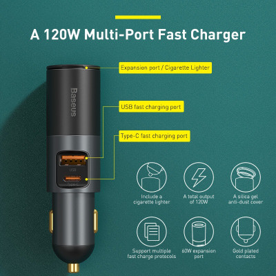 Tẩu sạc nhanh mở rộng 120W Baseus Share Together Fast Charge dùng cho xe hơi (120W, TypeC / USB Port, QC / PD3.0 Car Quick Charger with Cigarette Lighter Expansion Port ) - Hàng chính hãng
