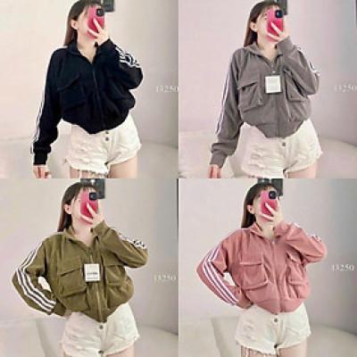 Áo khoát nữ nhung Gân Túi Hộp Cổ Trụ Tay Viền 3 Sọc siêu chất thời trang-A2050