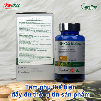 Ginkgo Biloba 2500mg Careline hộp 60 viên tăng tuần hoàn não giảm đau đầu chóng mặt tiền đình