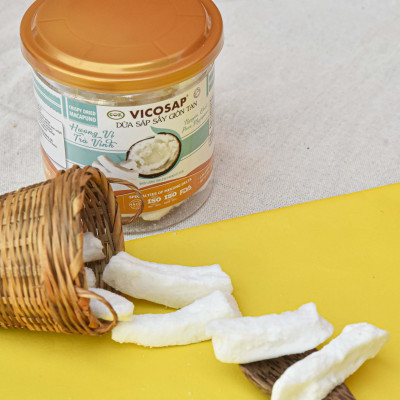 Dừa sáp sấy giòn cao cấp VICOSAP ít đường đồ ăn vặt healthy đặc sản Trà Vinh hộp 50g