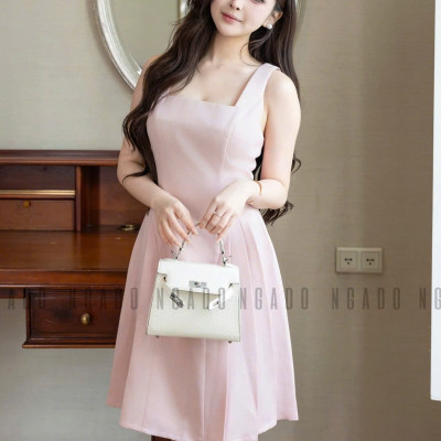 Đầm hồng cổ vuông xếp ly NGADO , đầm xếp ly , đầm dự tiệc , công sở