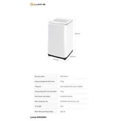 Máy giặt mini chức năng giặt nhiệt độ cao Lumias WS040WH Hàng chính hãng