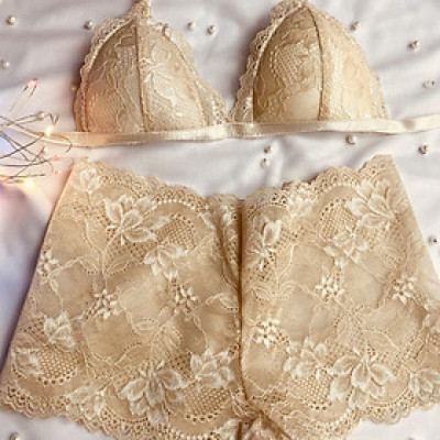 Bộ Nội Y Thiết Kế Ren Cao Cấp Vàng Đồng Có Mút Quần Đùi