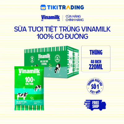 Thùng 48 Bịch Sữa Tươi Tiệt Trùng Vinamilk 100% Có Đường (220ml)