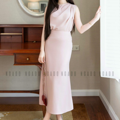 Set áo váy hồng sát nách xếp ly NGADO , set áo váy dài , set áo váy hồng