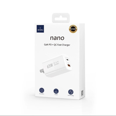 Adapter cóc củ sạc nhanh 65W PD Type-C + USB-A QC 3.0 hiệu WIWU Nano Gan - hỗ trợ sạc cùng lúc 2 thiết bị, đạt chuẩn MFI, Chip sạc AI thông minh - Hàng nhập khẩu