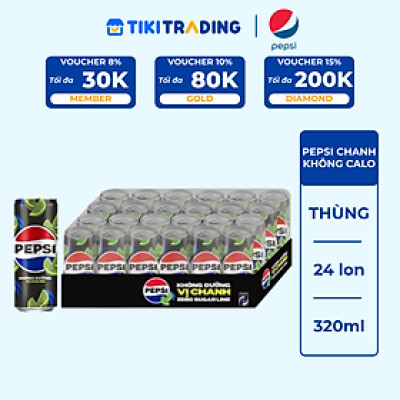 Thùng 24 Lon Nước Uống Có Gaz Pepsi Vị Chanh Không Calo (320ml/Lon)