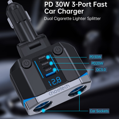 Tẩu sạc Choetech TC0020 đa năng 200w có 2 cổng Type C + 1 cổng Usb (Hàng chính hãng)