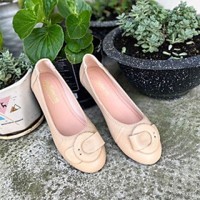 Giày búp bê da bò mũi tròn khóa vuông đế bằng Trường Hải da mềm 2 màu đen,kem GBB525